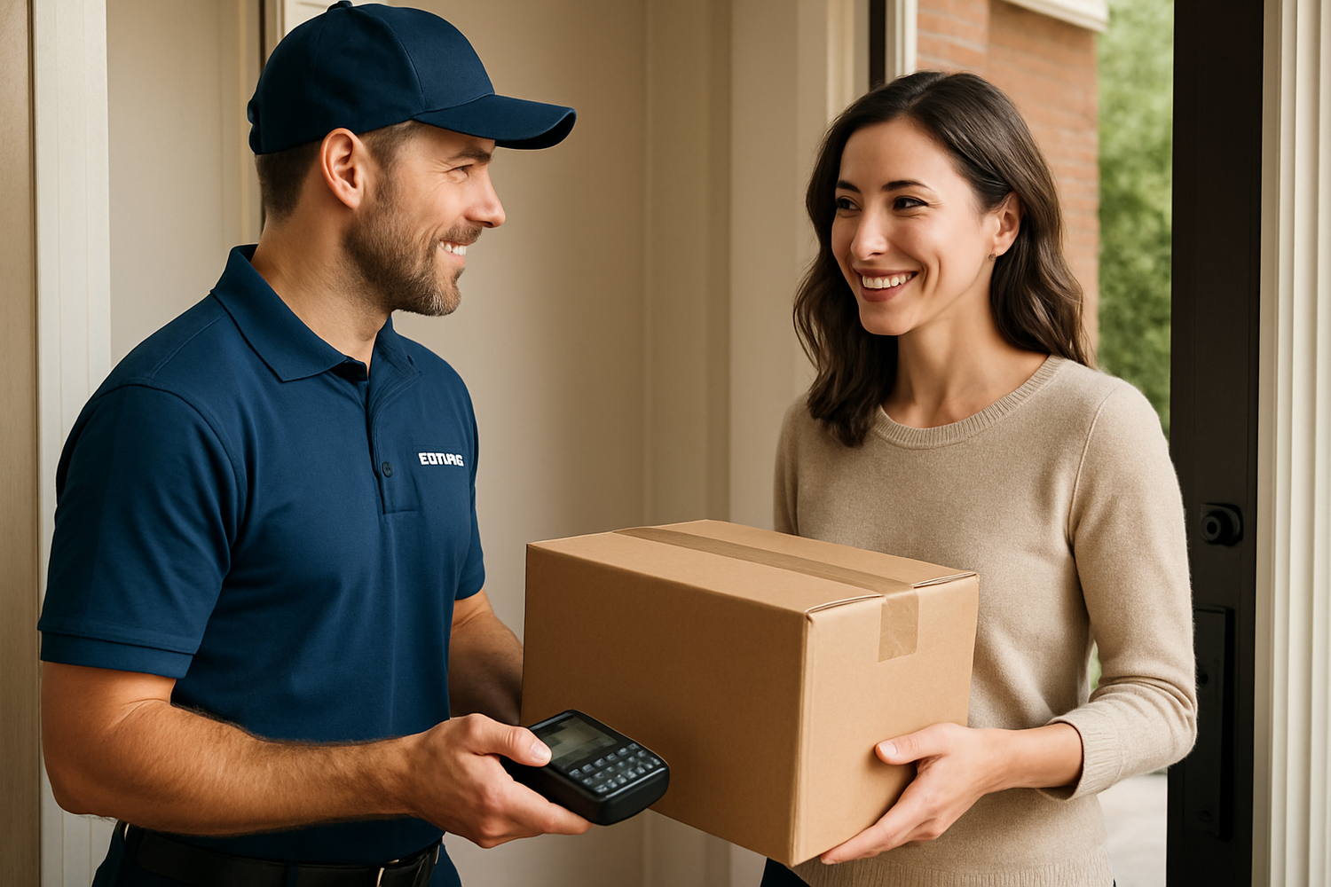 Respartidor entregando paquete a un cliente lo cual refleja una compra segurida ya que los clientes quieren que sus paquetes lleguen seguros a casa